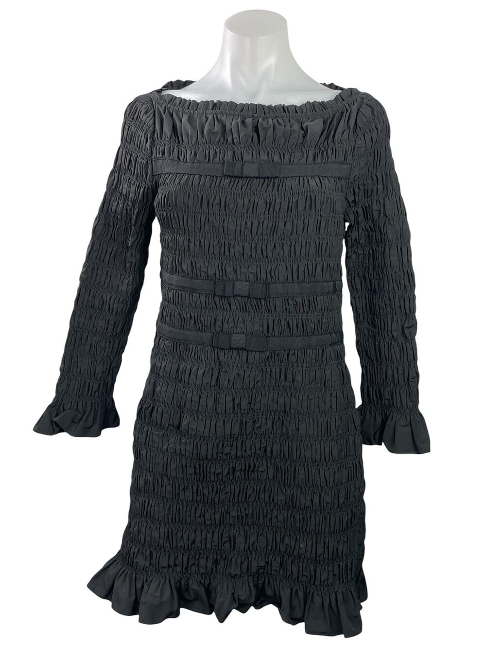 DOEN Cecelia Black Smocked Ruffles Boat Neck Bell Long Sleeve Bodycon Dress L